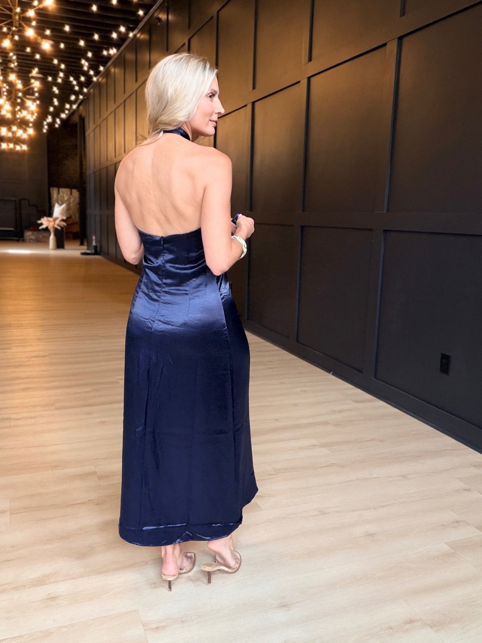 Knot Halter Neck Satin Midi Dress In Navy - Infinity Raine