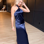 Knot Halter Neck Satin Midi Dress In Navy - Infinity Raine