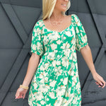 Floral Babydoll Puff Sleeve Mini Dress In Green Combo - Infinity Raine