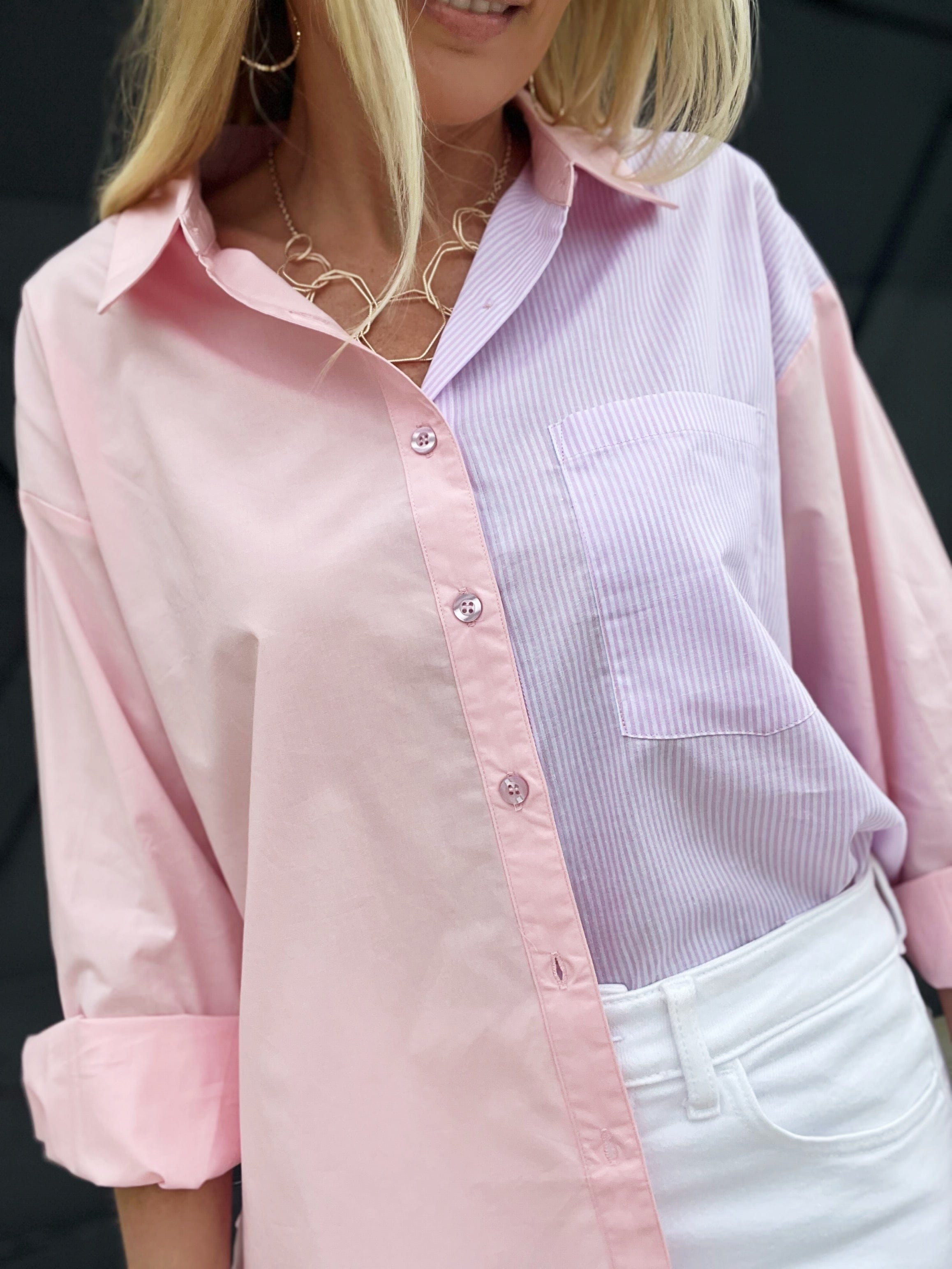 Mix Match Button Down Top In Pink Combo - Infinity Raine
