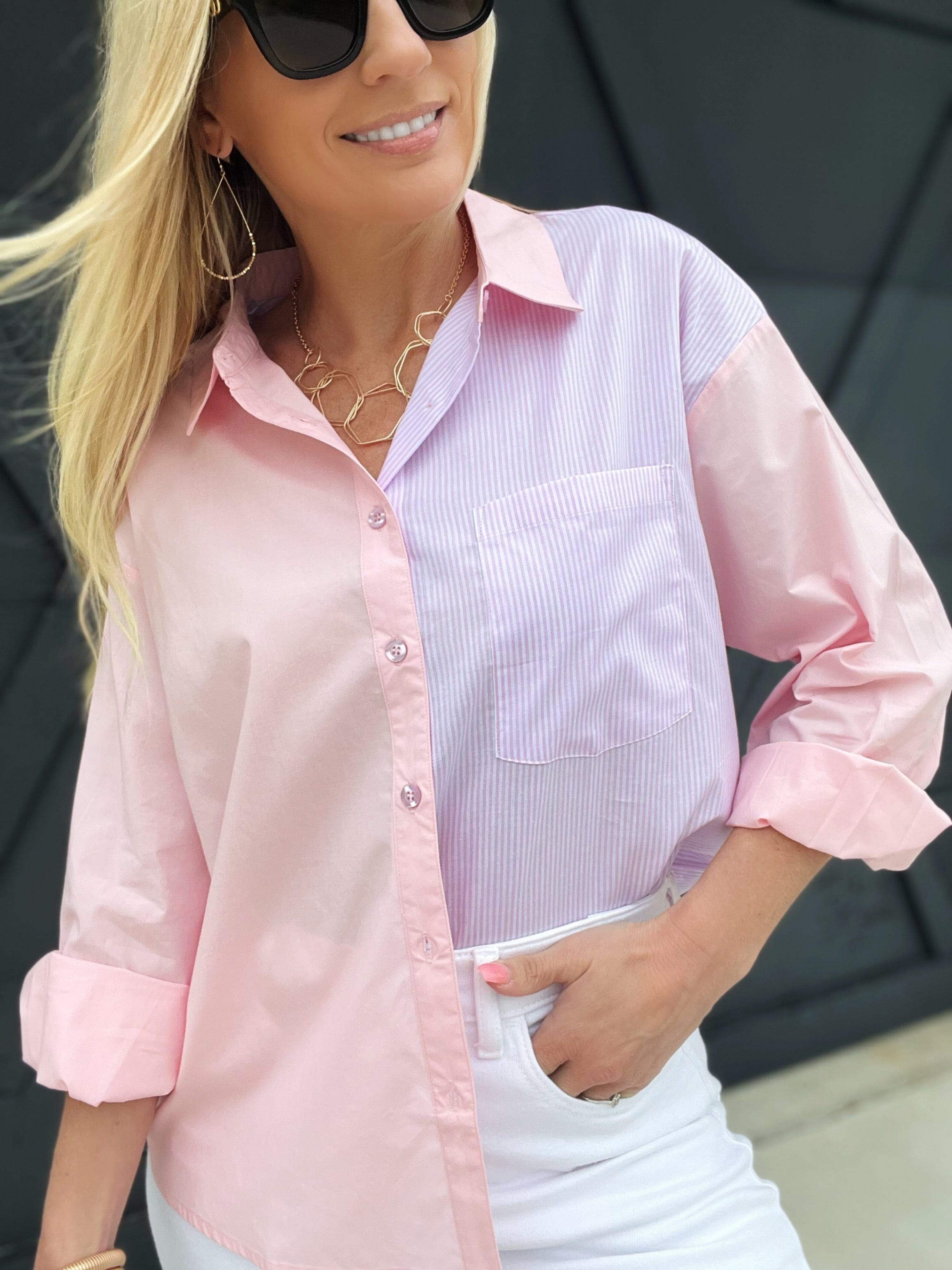 Kori America Tops - Blouses Mix Match Button Down Top In Pink Combo