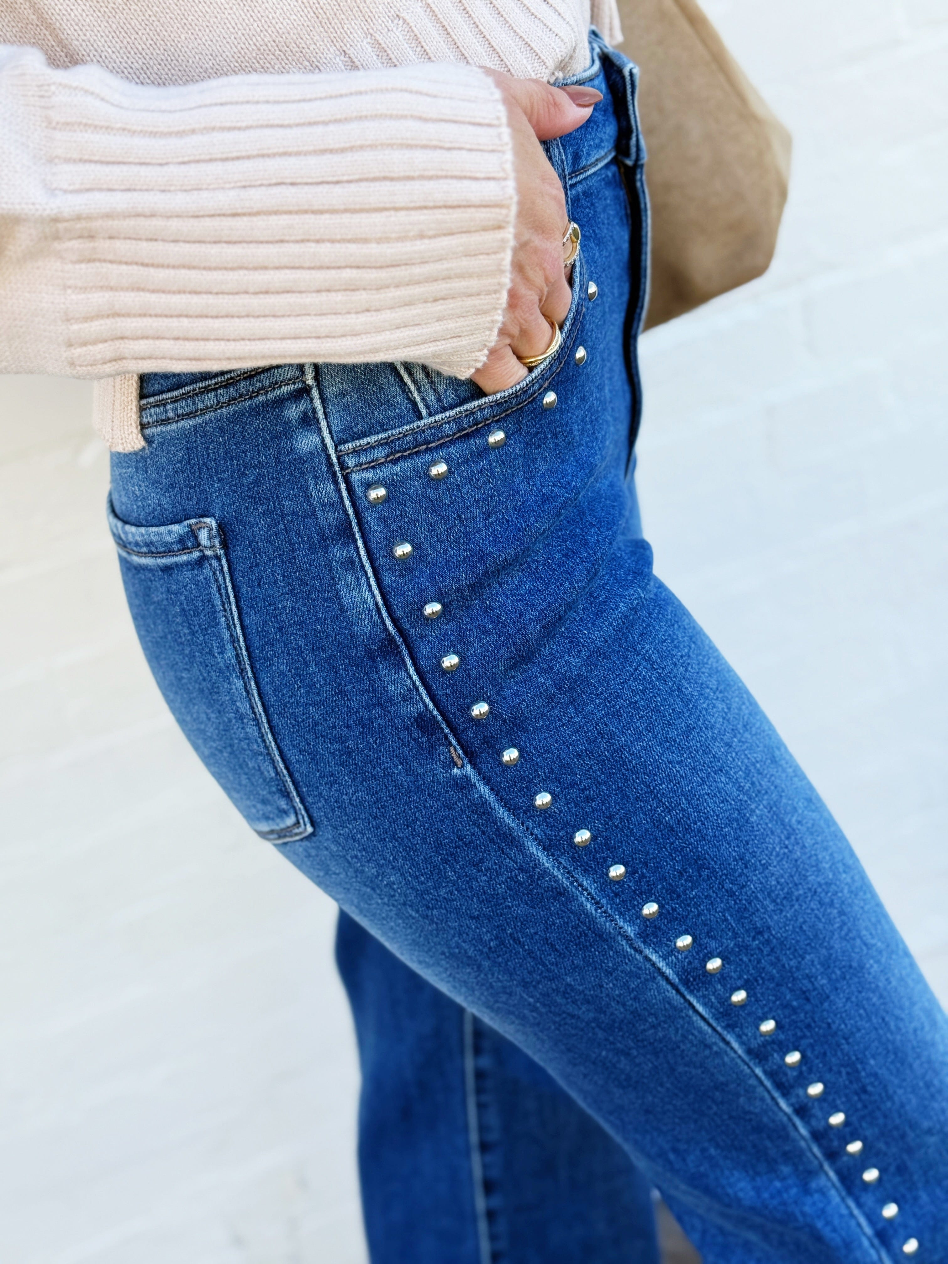 L.T.J Bottoms - Pants L.T.J Studded Straight Leg Jeans In Medium