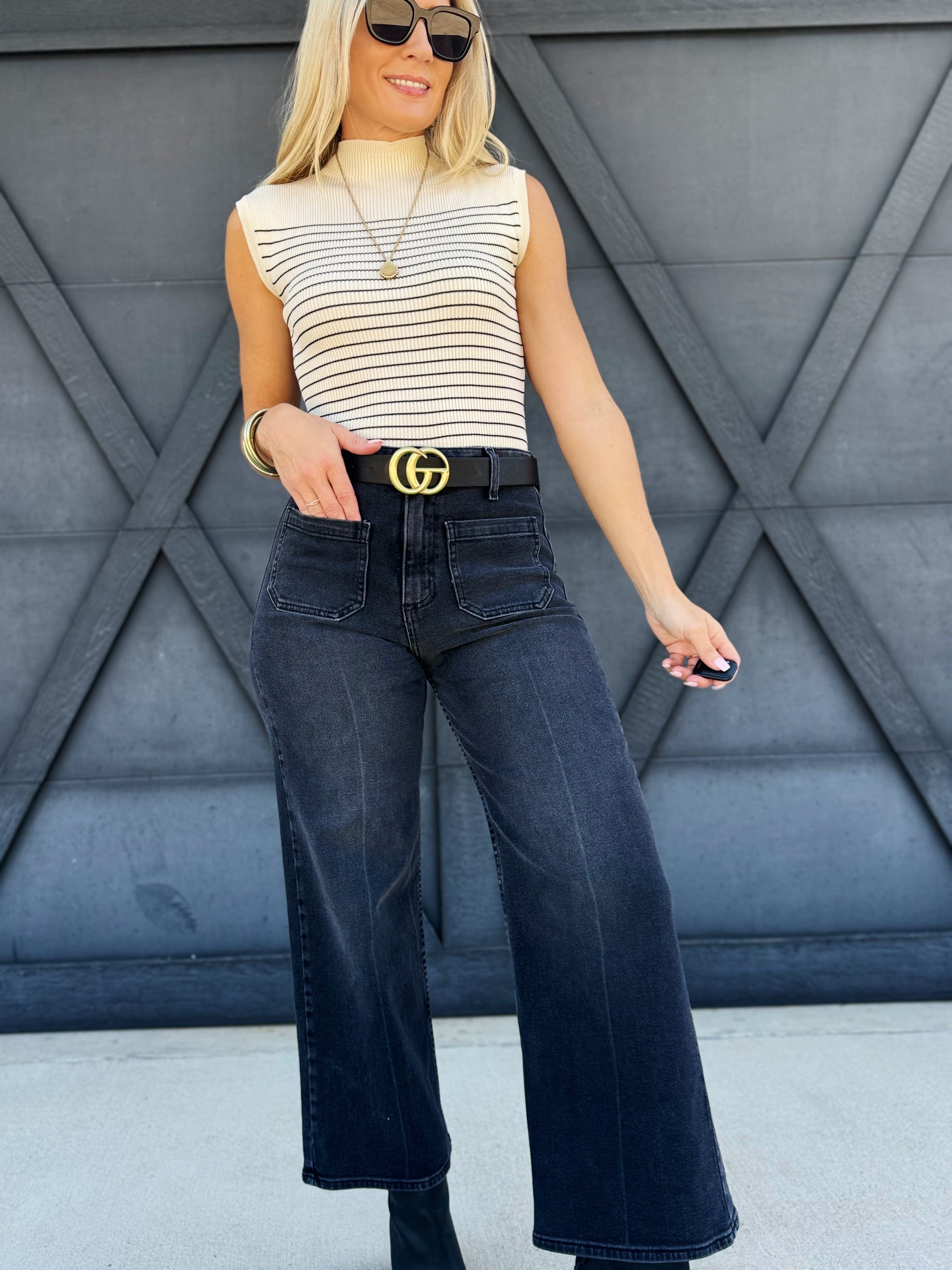 L.T.J Sailor Front Patch Pocket Jeans In Washed Black - Infinity Raine