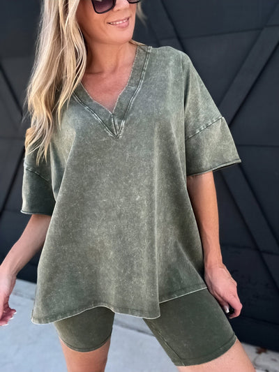 Mineral Washed Boxy Tee And Biker Set-Army Green - Infinity Raine