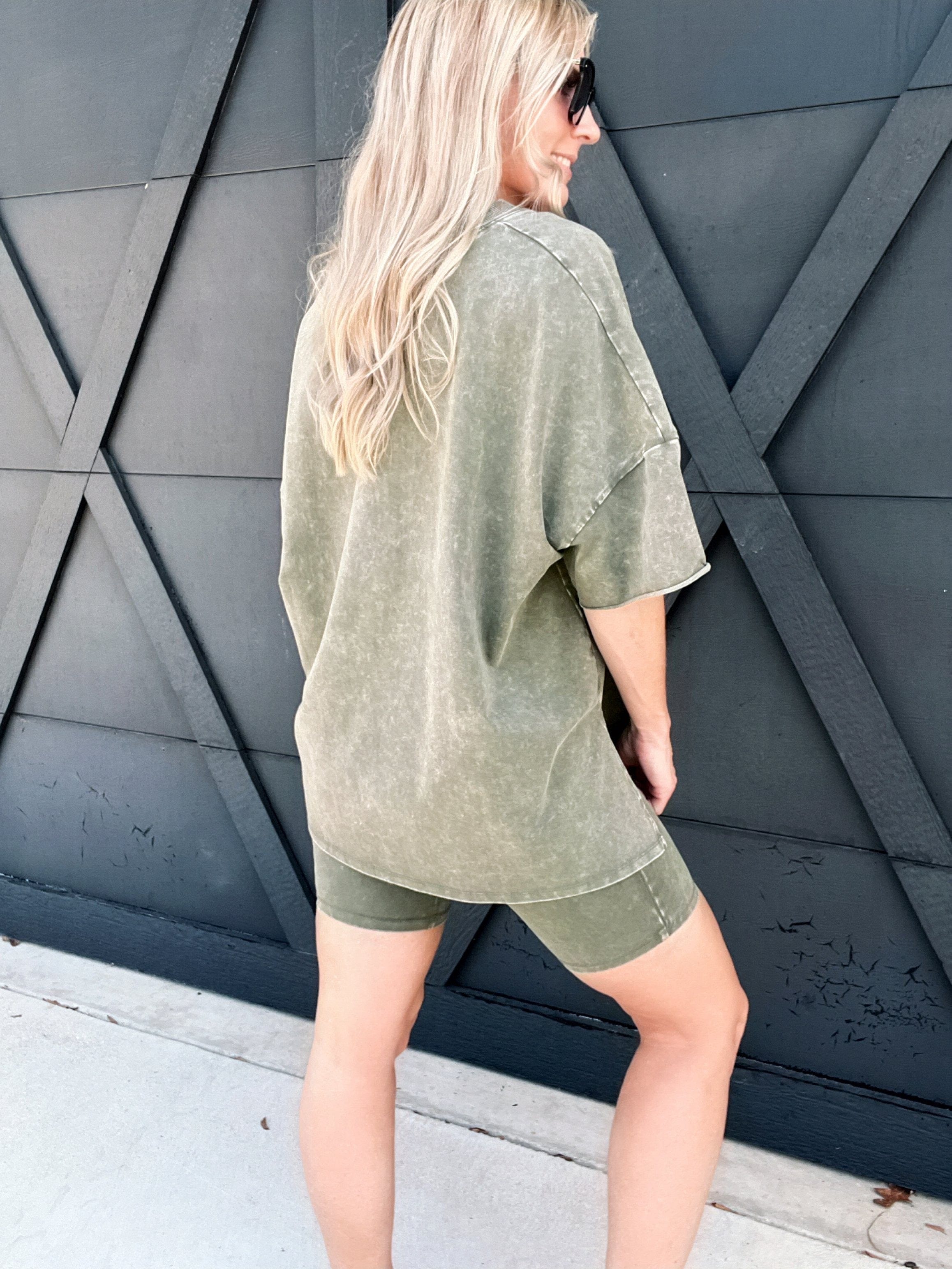 Mineral Washed Boxy Tee And Biker Set-Army Green - Infinity Raine