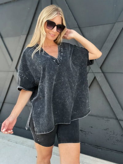 Mineral Washed Boxy Tee And Biker Set-Charcoal - Infinity Raine