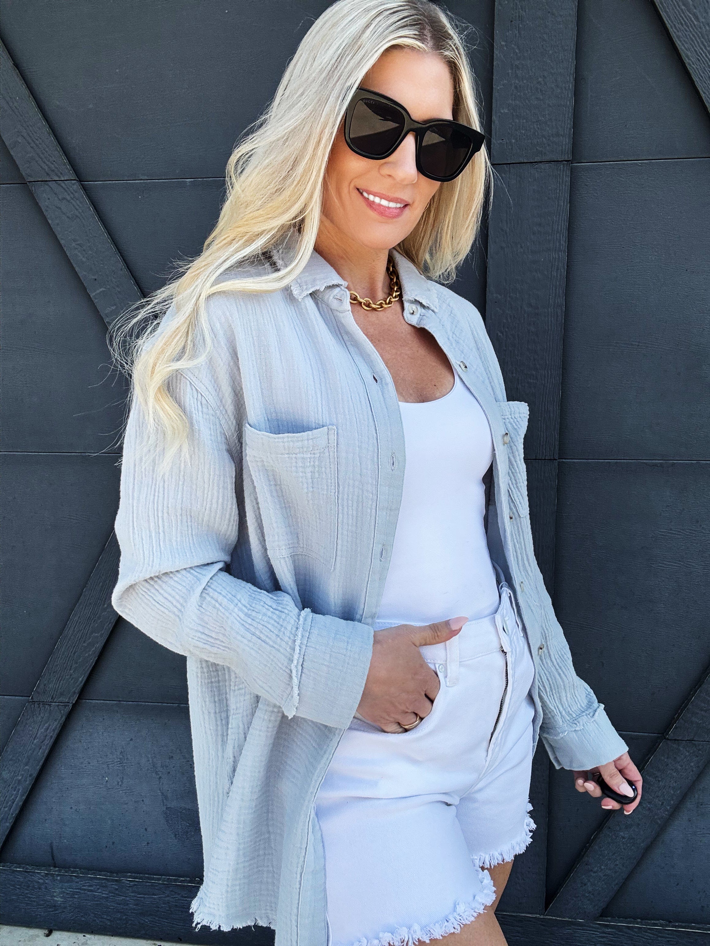 Crinkle Gauze Button Down In Cloud - Infinity Raine