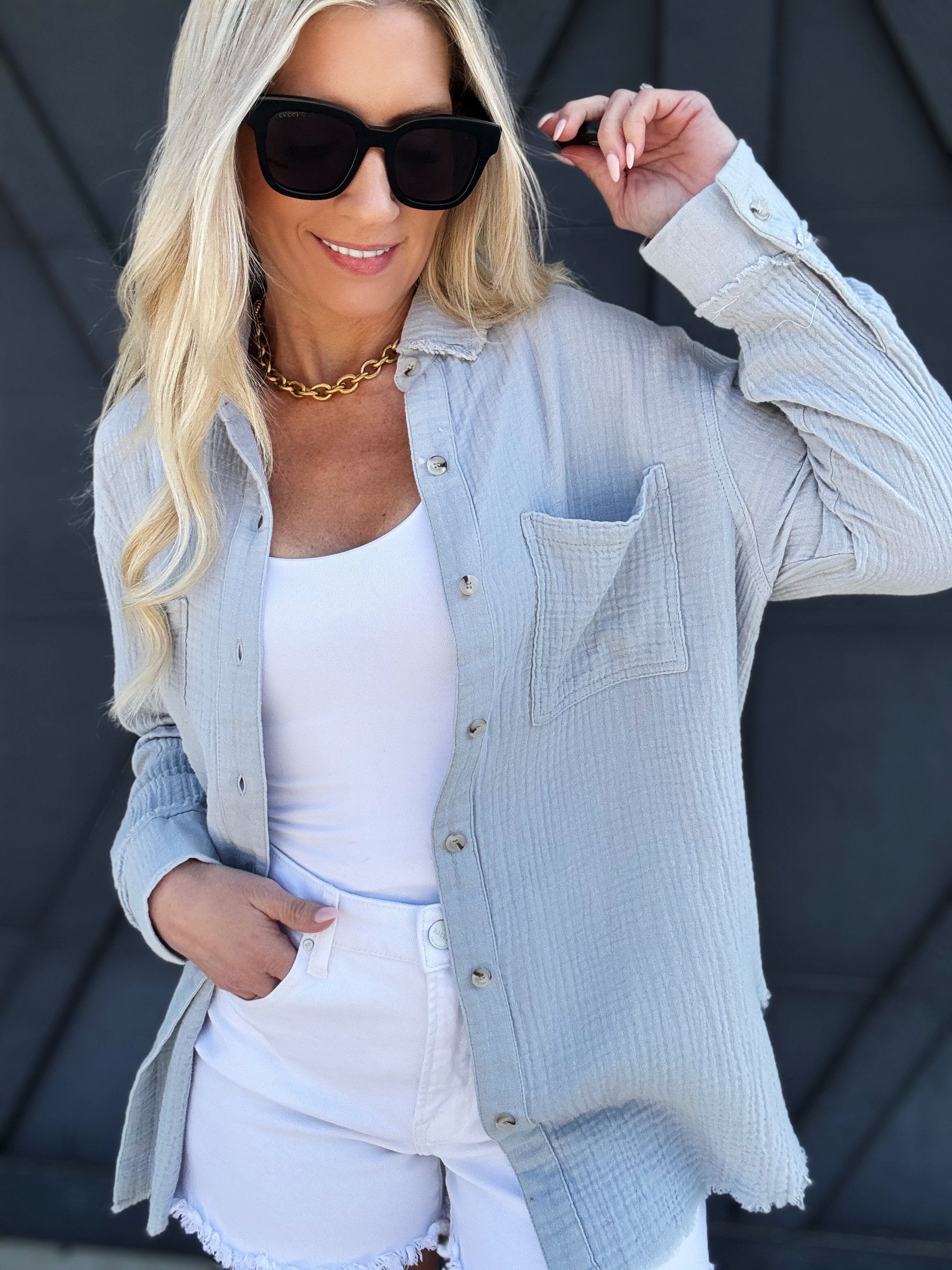 Crinkle Gauze Button Down In Cloud - Infinity Raine
