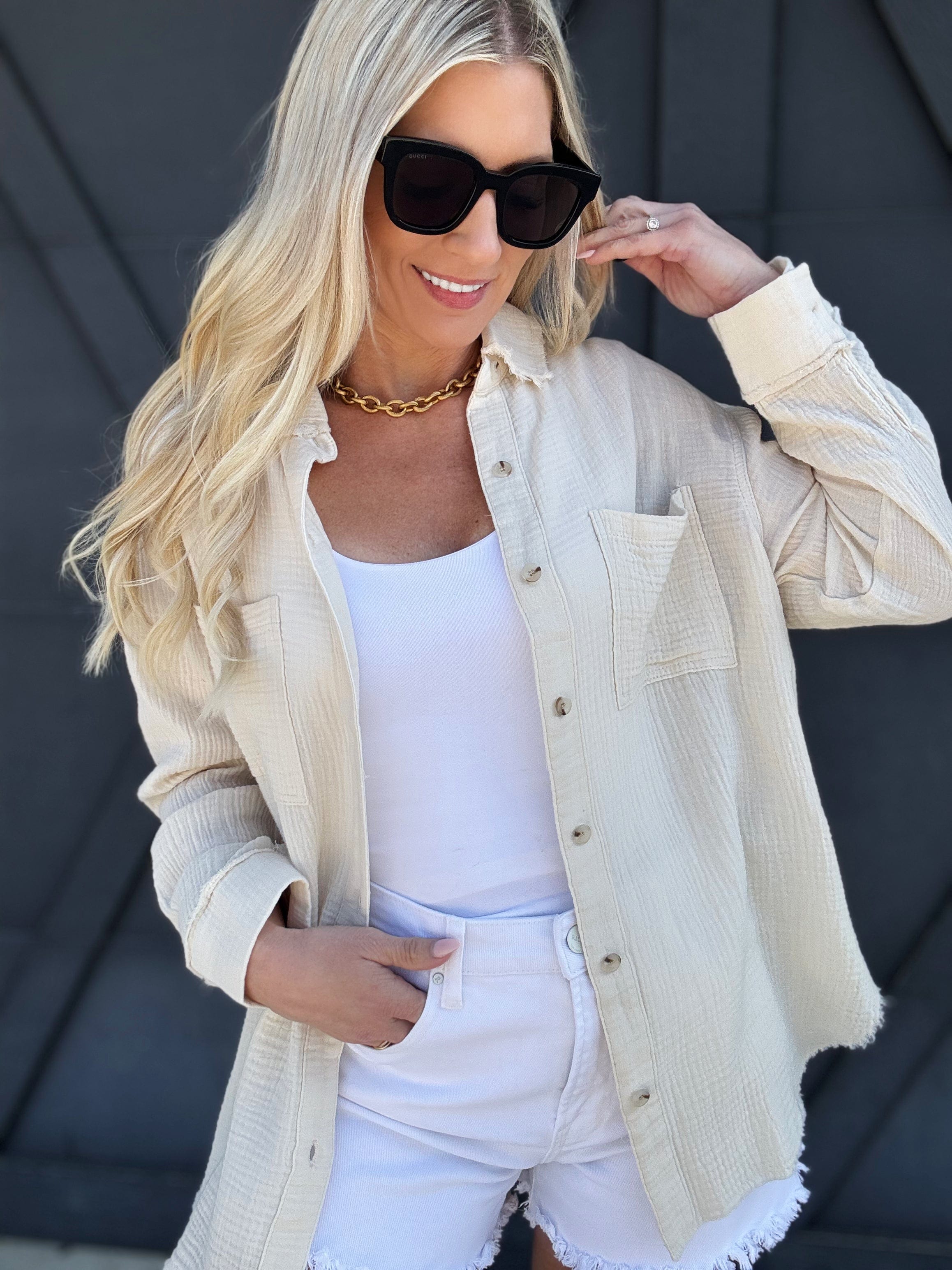 Crinkle Gauze Button Down In Soy Latte - Infinity Raine