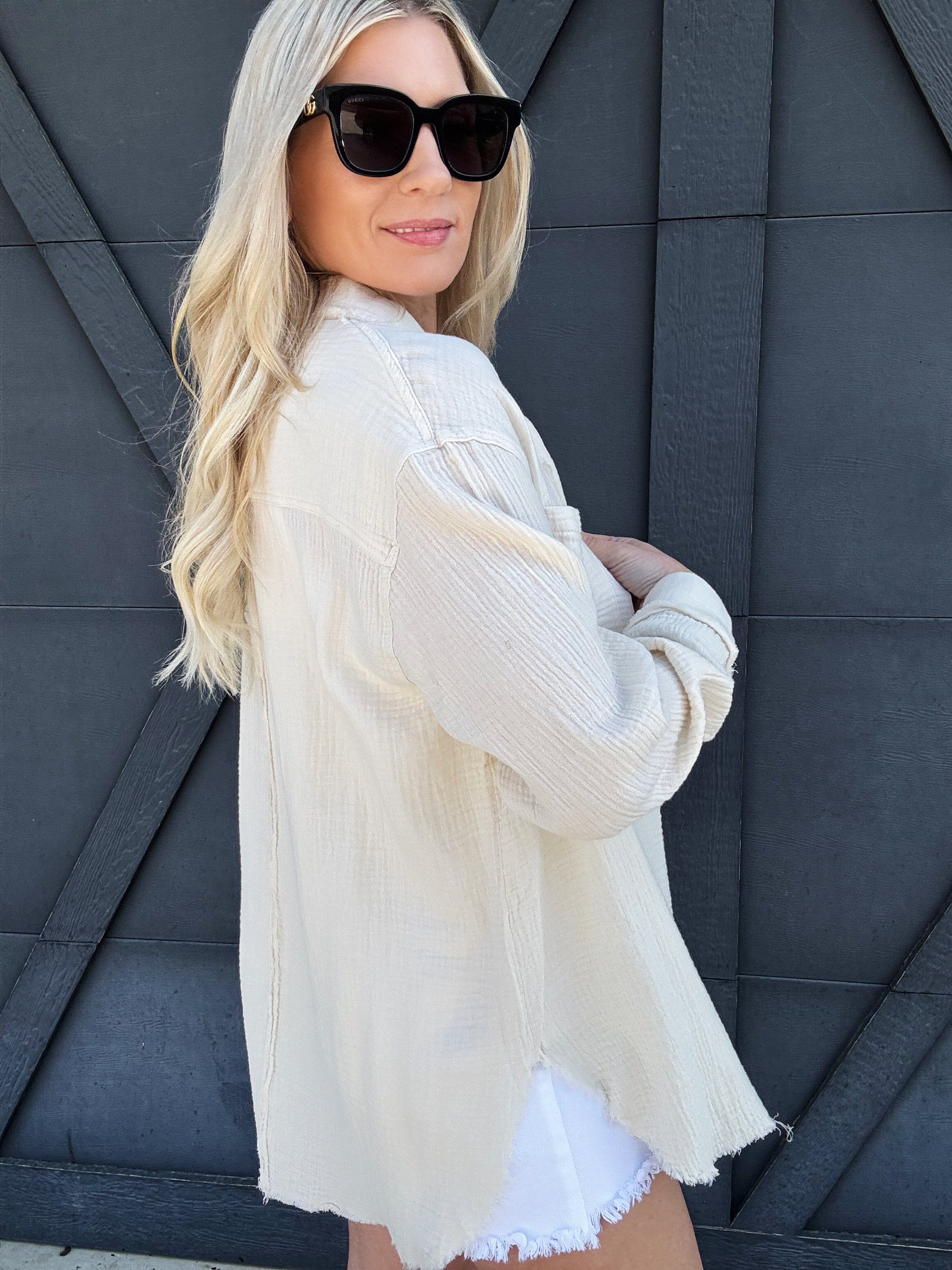 Crinkle Gauze Button Down In Soy Latte - Infinity Raine