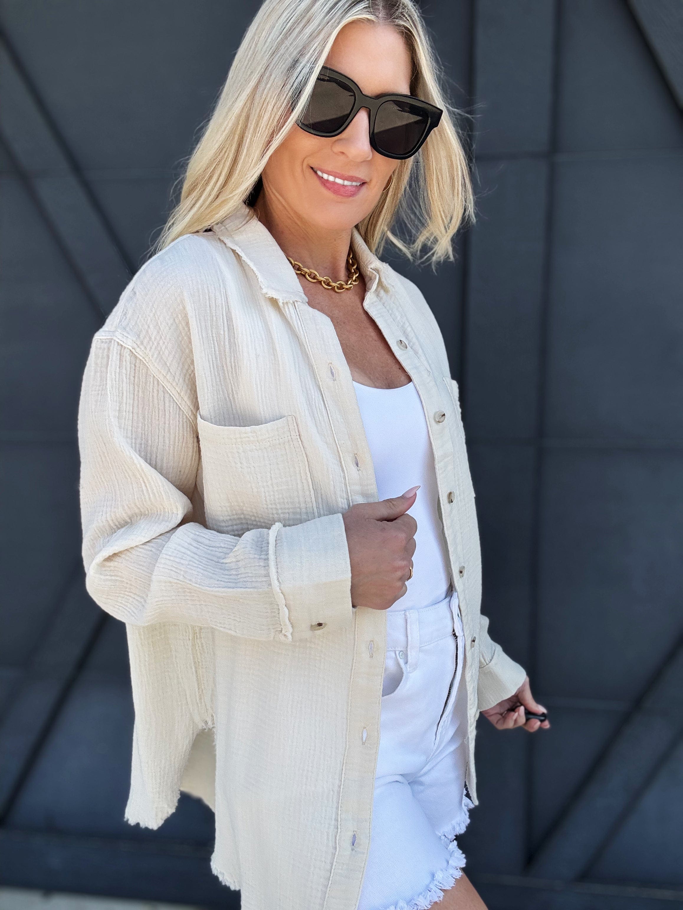 Crinkle Gauze Button Down In Soy Latte - Infinity Raine