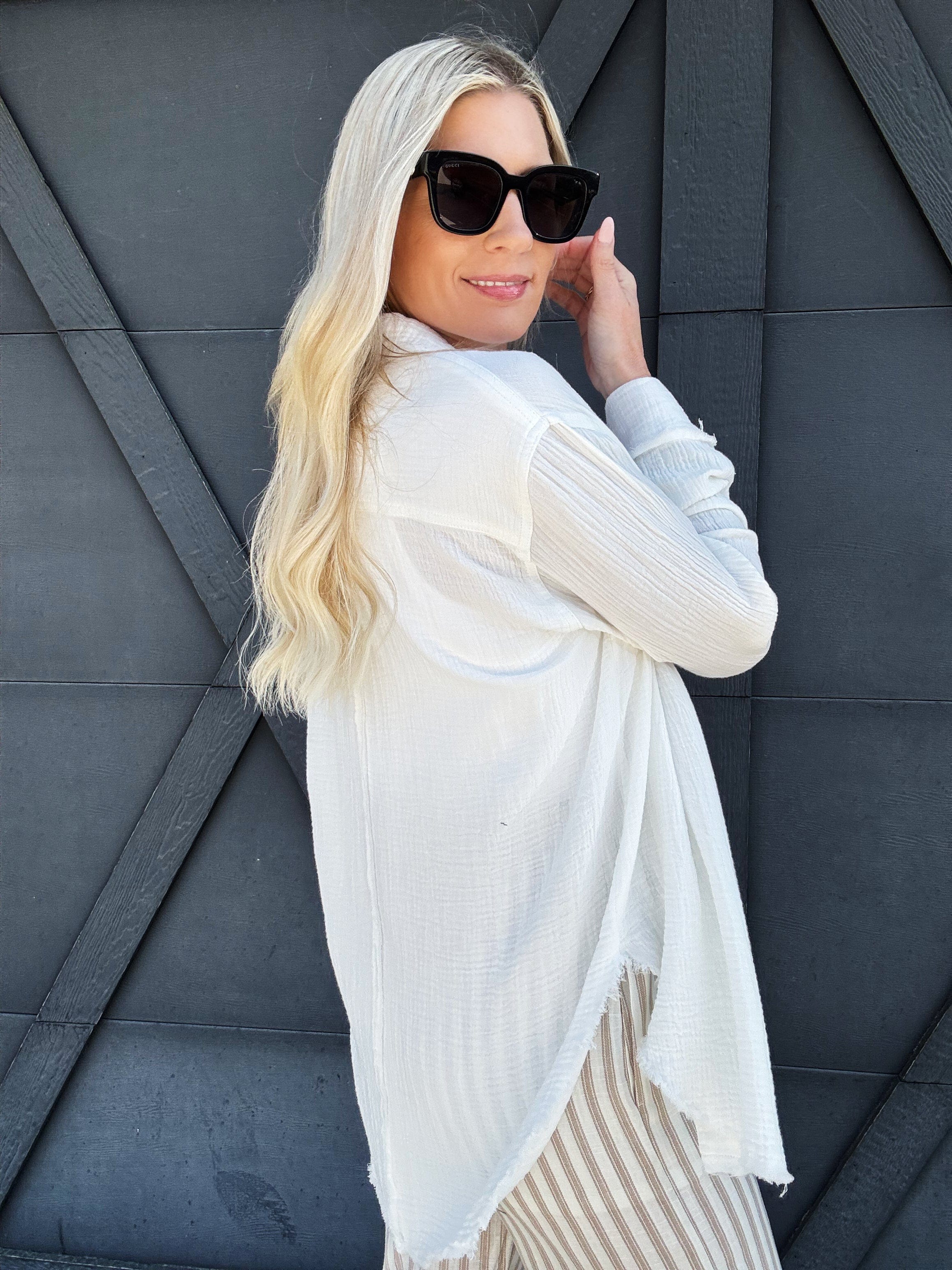 Crinkle Gauze Button Down In White - Infinity Raine