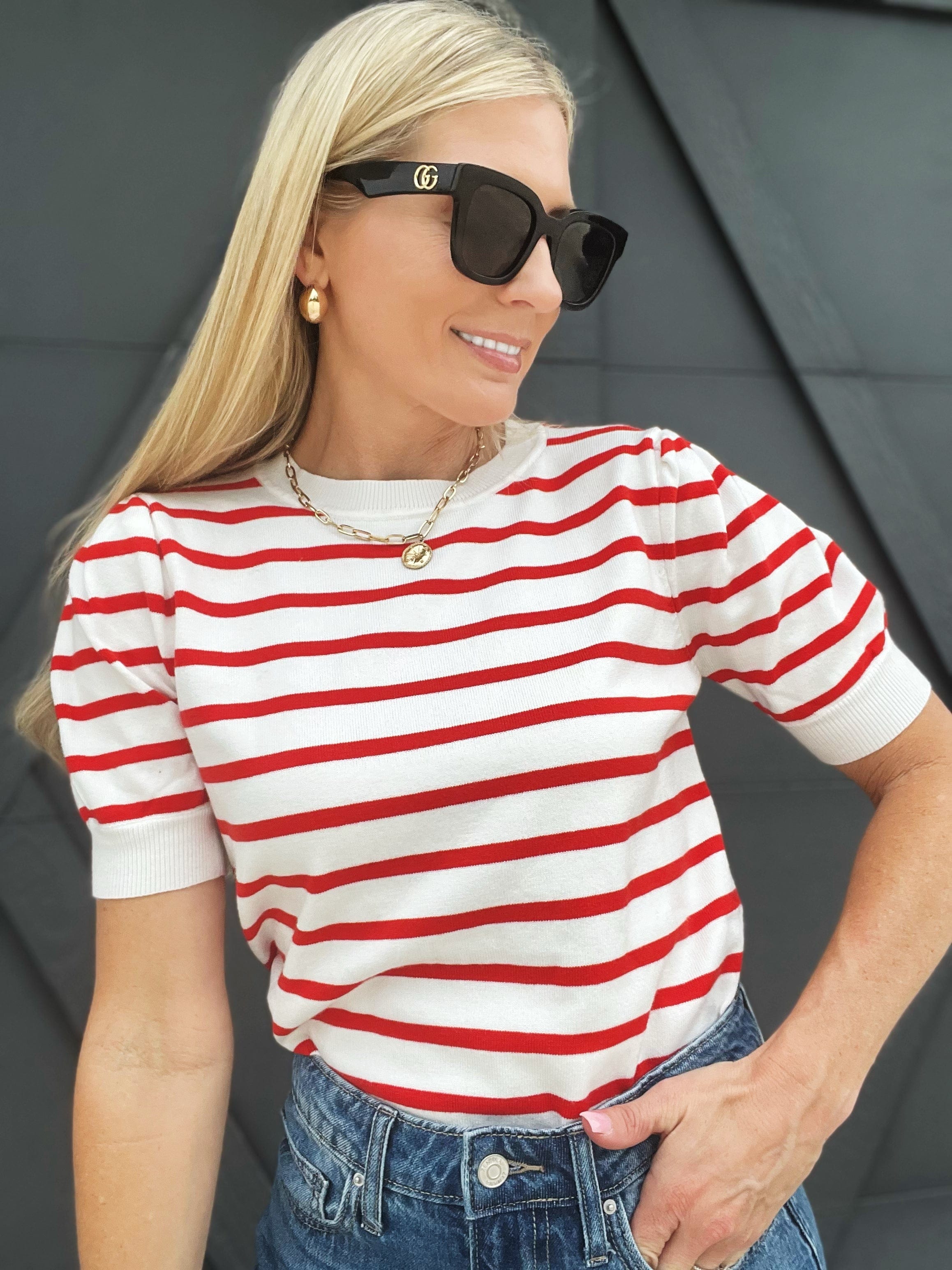 Puff Short Sleeve Stripe Top In Tomato Red - Infinity Raine