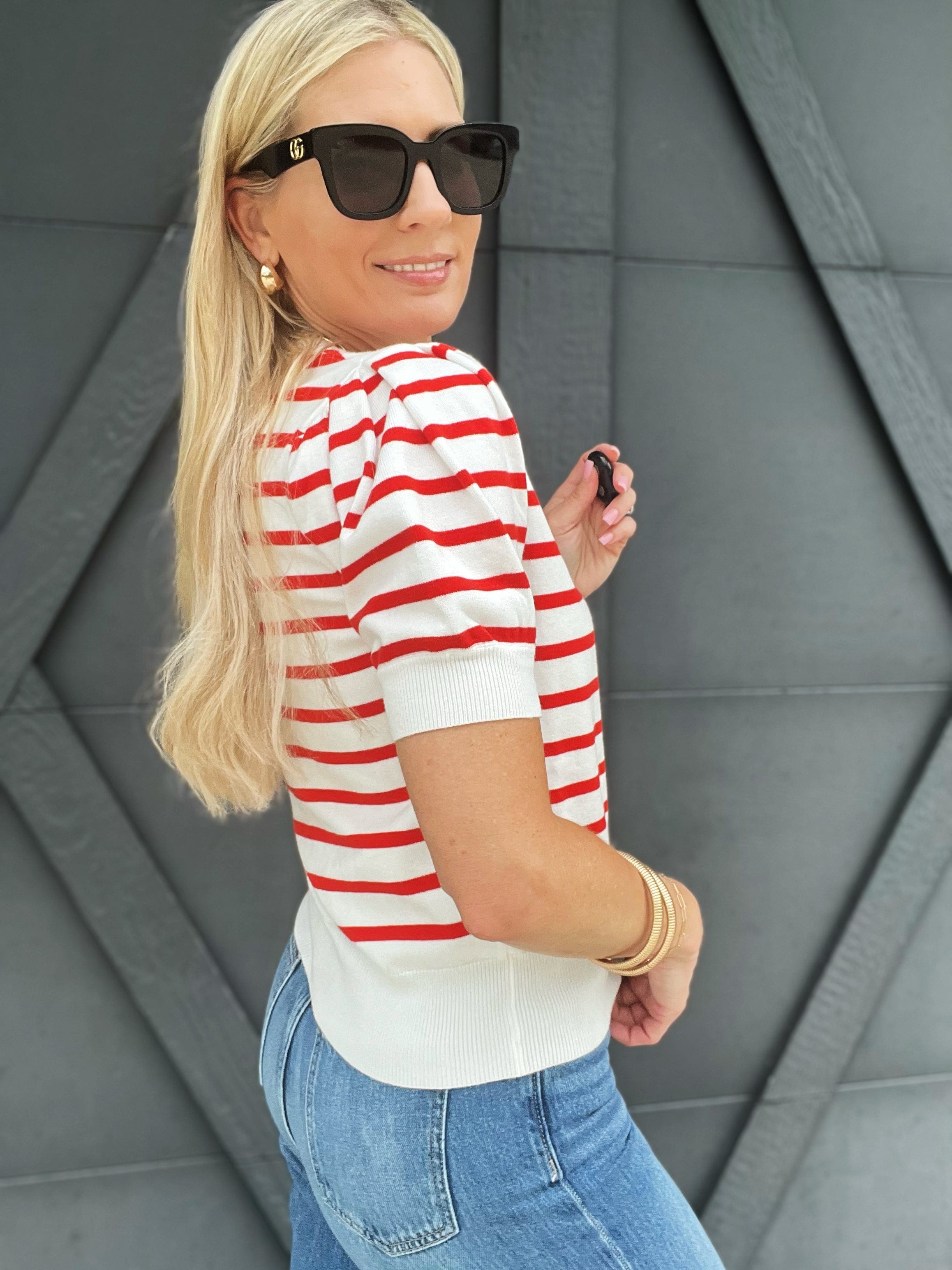 Puff Short Sleeve Stripe Top In Tomato Red - Infinity Raine