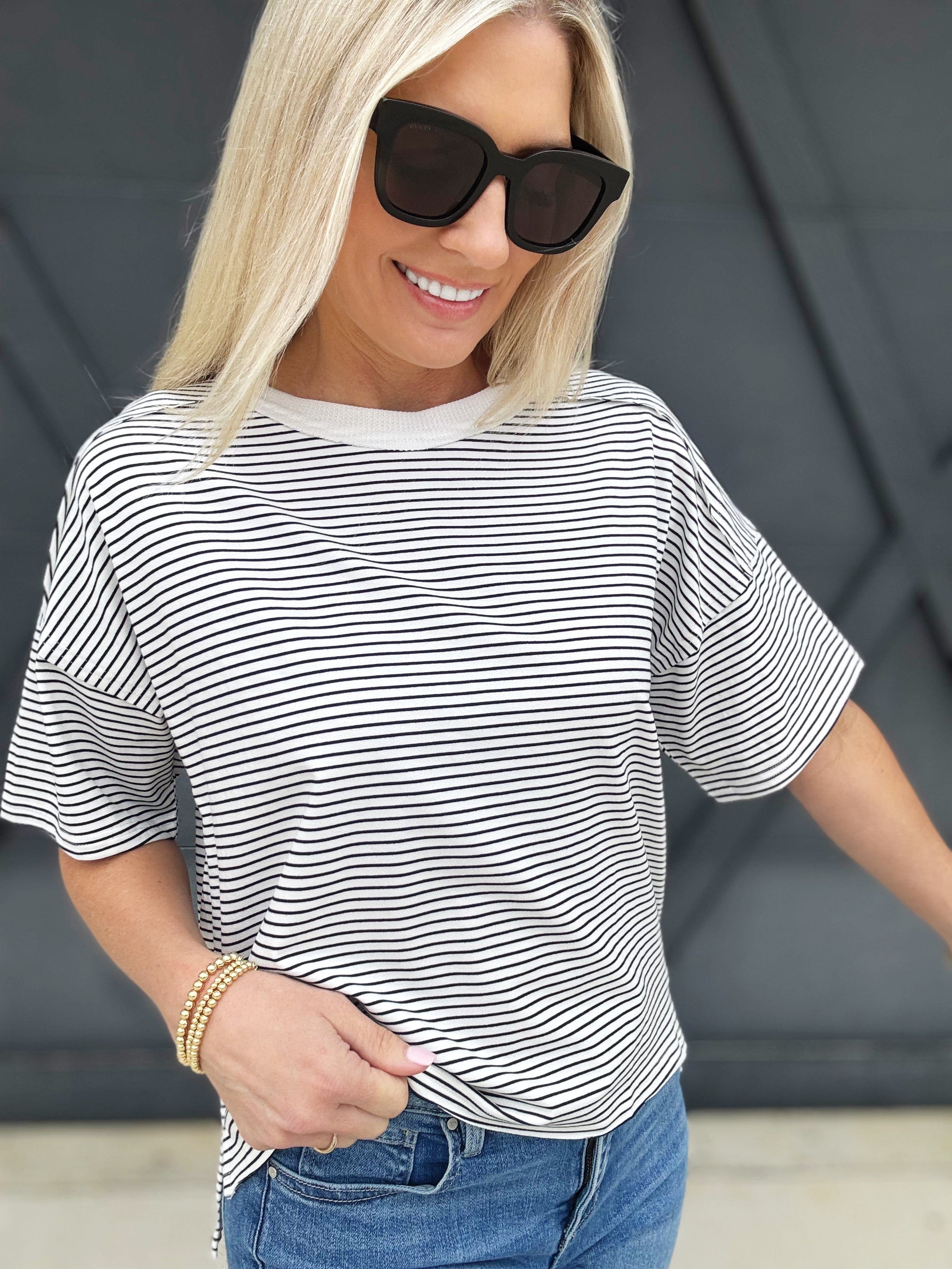 LA MIEL Tops - Tees Basic Striped Drop Shoulder Top In Black
