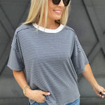 Basic Striped Drop Shoulder Top In Denim - Infinity Raine