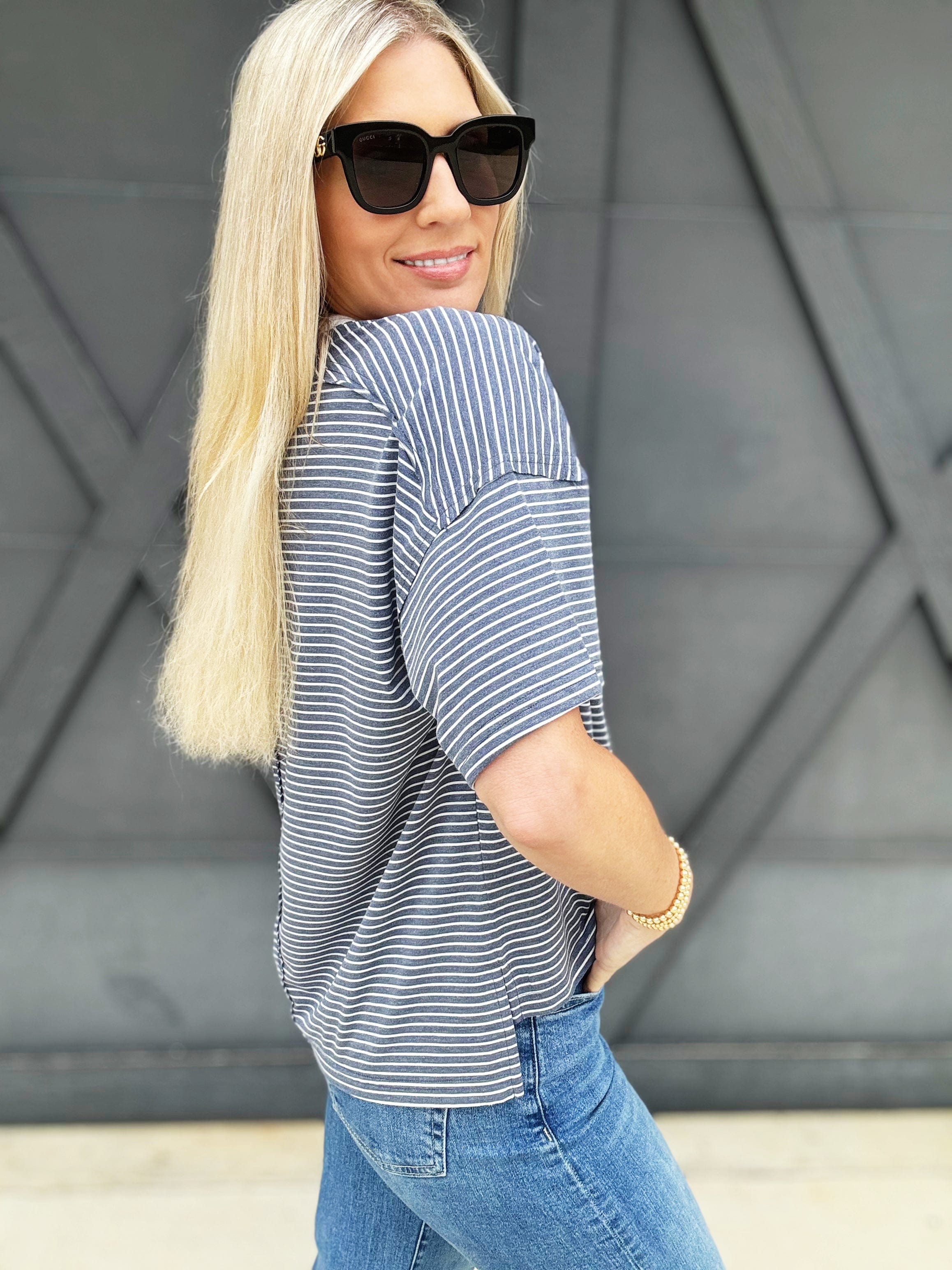 LA MIEL Tops - Tees Basic Striped Drop Shoulder Top In Denim