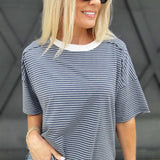 Basic Striped Drop Shoulder Top In Denim - Infinity Raine