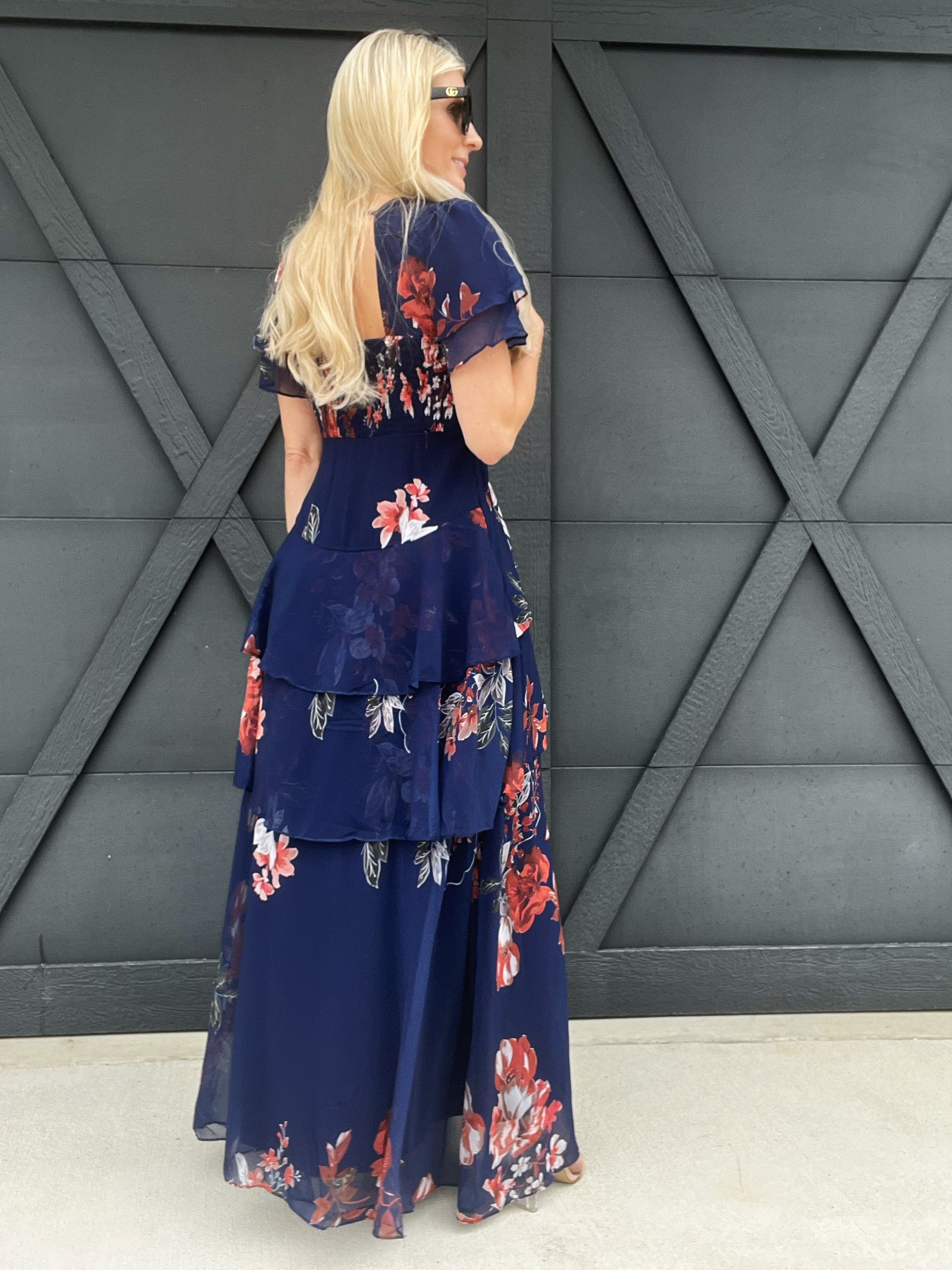 LA RENTA FASHION Dresses Mood Floral Print Tiered Maxi Dress In Navy Blue