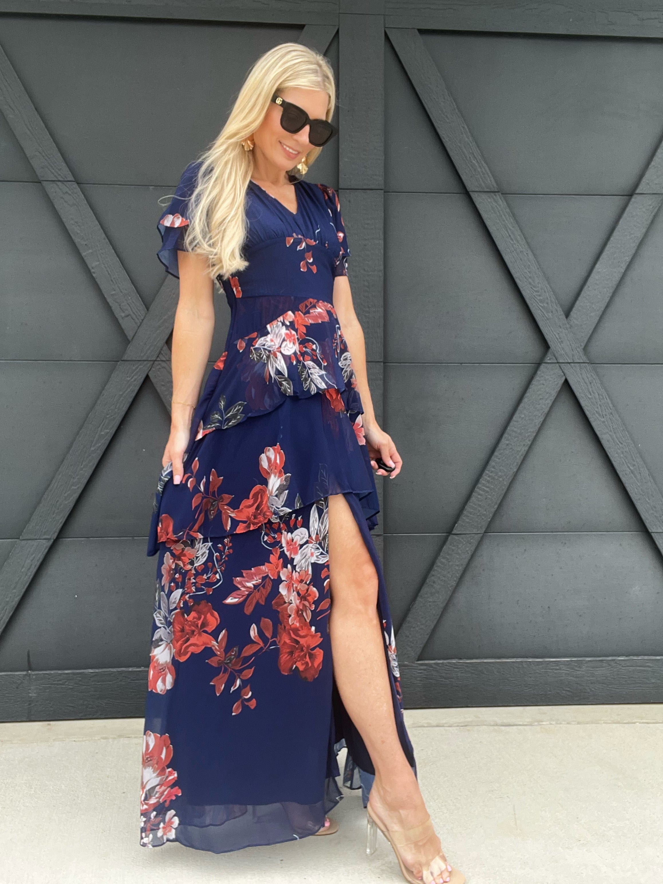 Mood Floral Print Tiered Maxi Dress In Navy Blue - Infinity Raine