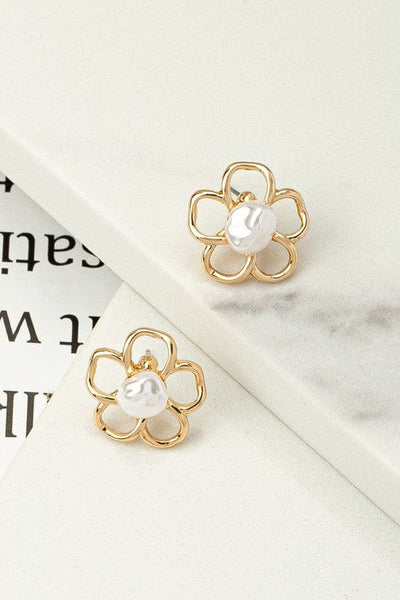 Cutout Flower Pearl Stud Earrings-Gold - Infinity Raine