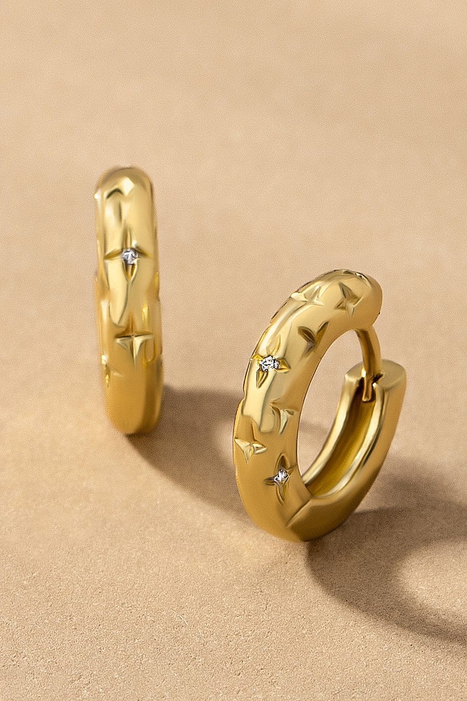 Engraved Star & Rhinestone Huggie Hoop Earrings In Gold - Infinity Raine