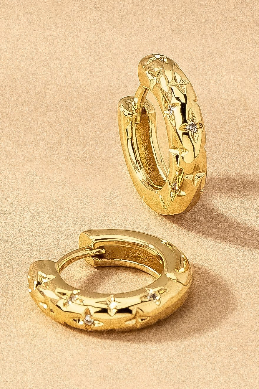 LA3accessories Jewelry - Earrings Engraved Star & Rhinestone Huggie Hoop Earrings In Gold 14675702