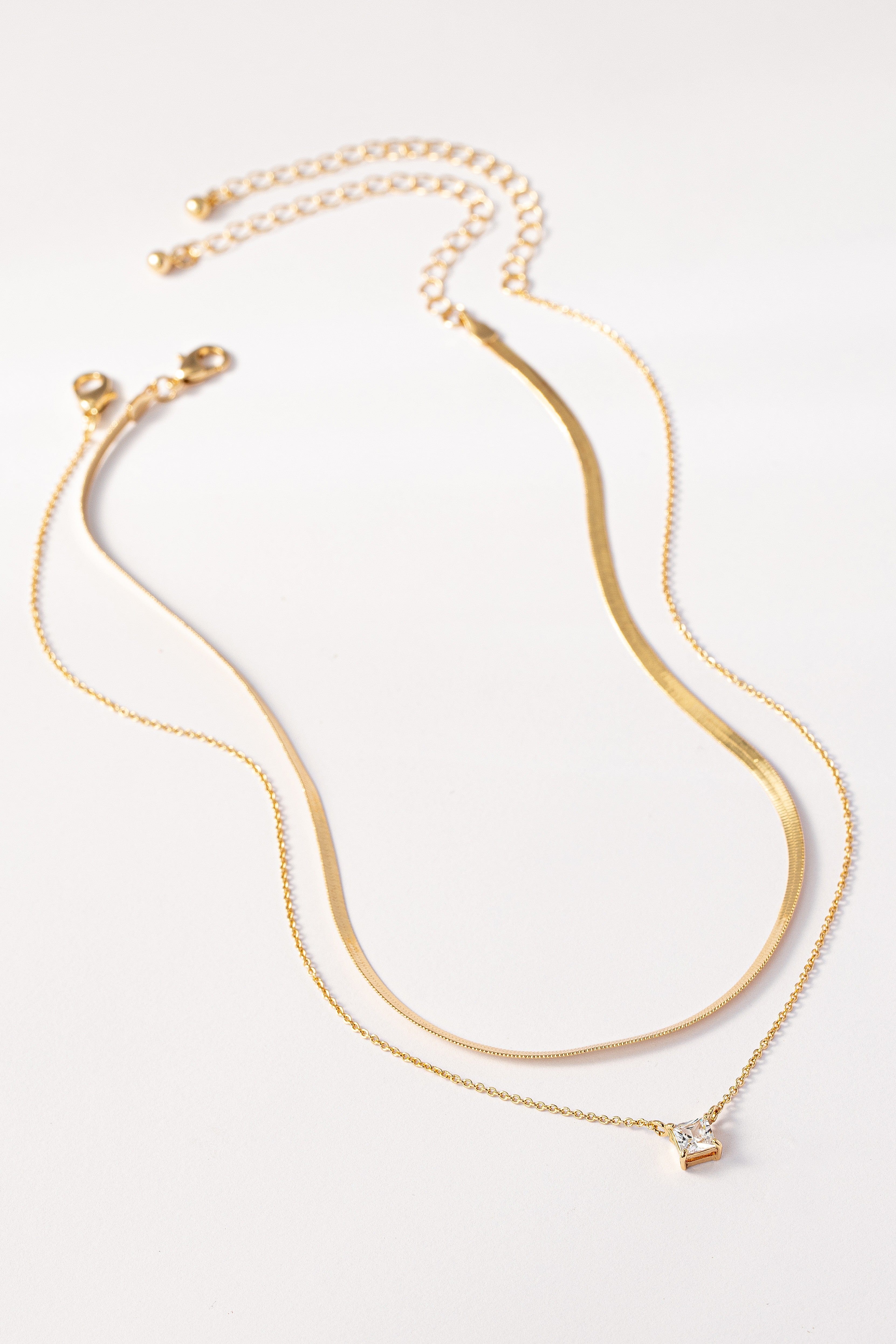 Necklace Set With Herringbone And Square CZ Pendant In Gold - Infinity Raine