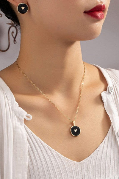 Heart Coin Necklace And Earrings Set-Black - Infinity Raine