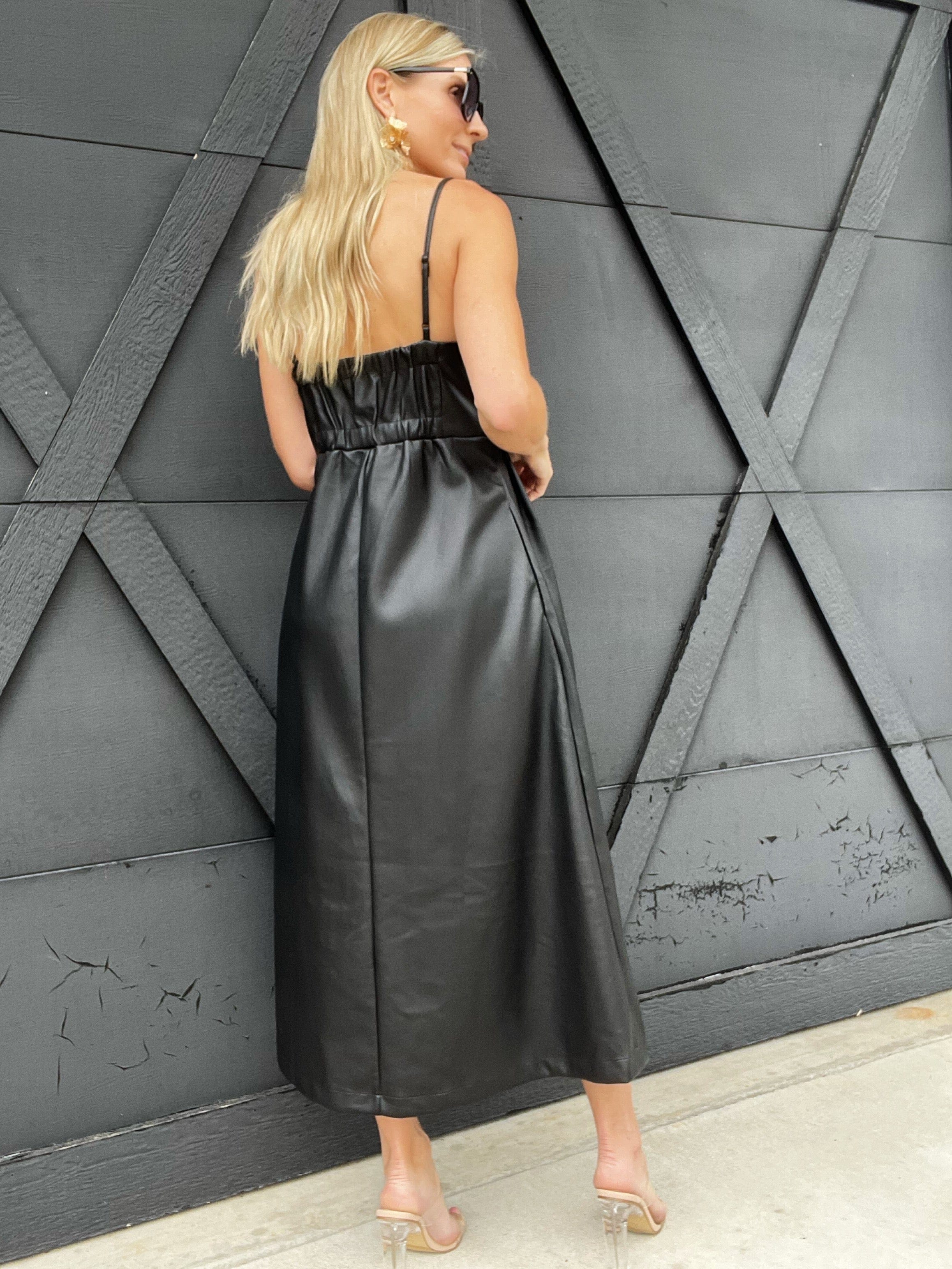 Faux Leather Midi Dress-Black - Infinity Raine