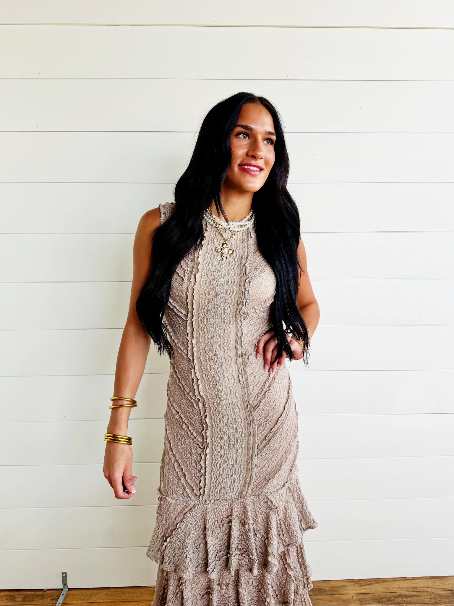 Lace Knit Ruffle Midi Dress In Mocha - Infinity Raine