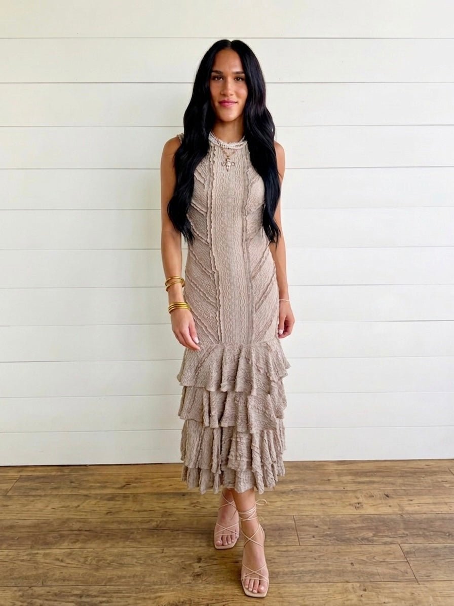 Lace Knit Ruffle Midi Dress In Mocha - Infinity Raine