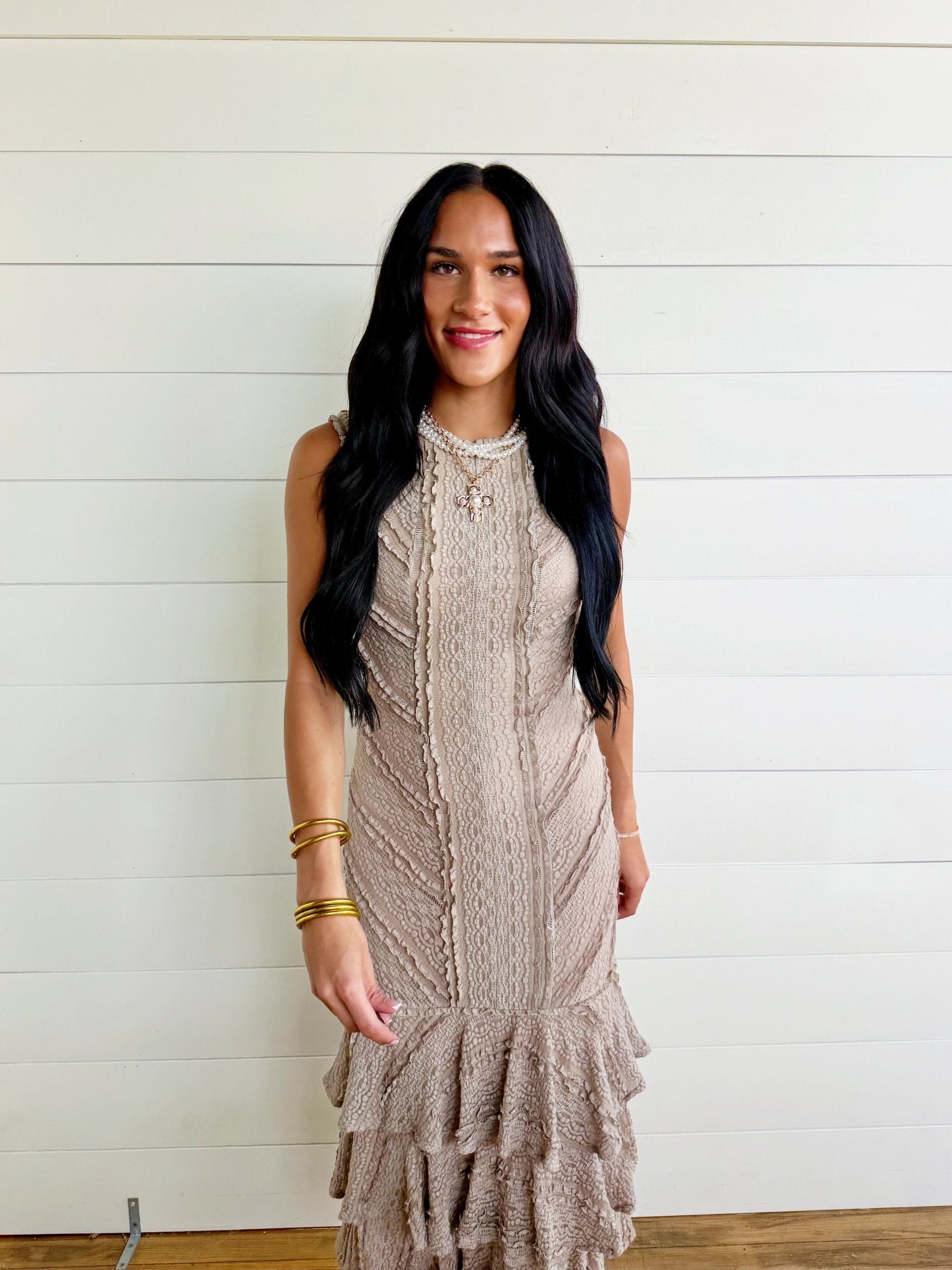 Lace Knit Ruffle Midi Dress In Mocha - Infinity Raine