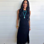 Lace Ruched Detail Tank Midi Dress In Black - Infinity Raine