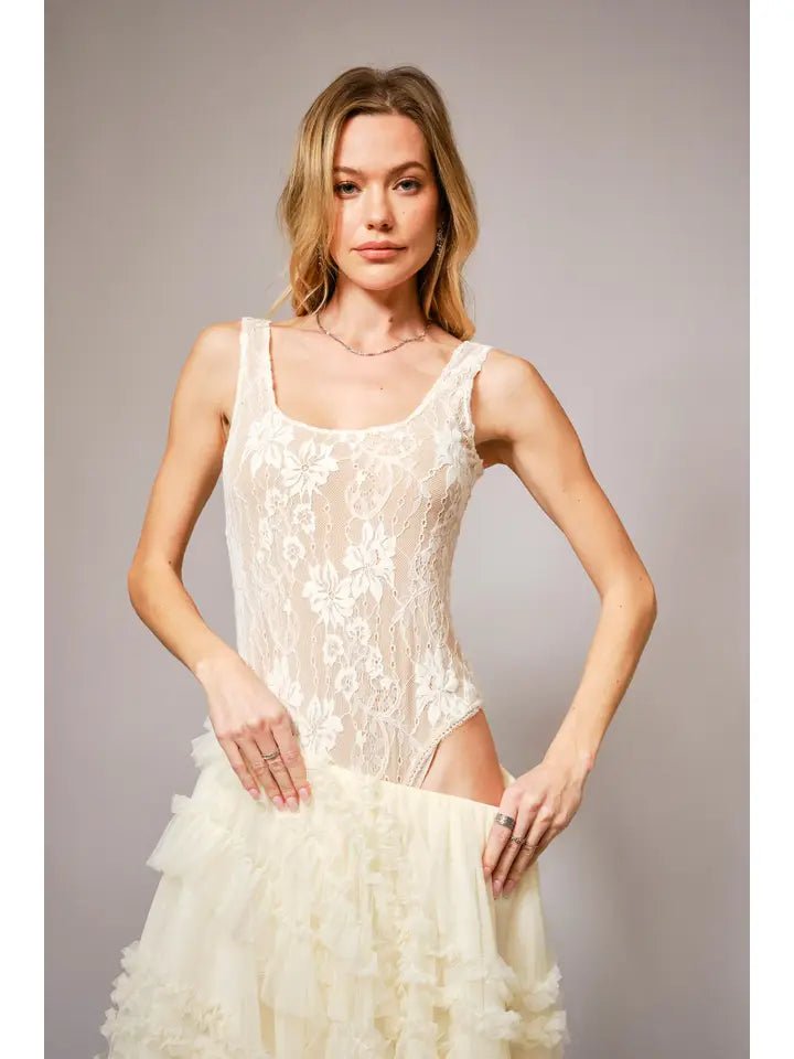 Lace Scoop Neck Bodysuit In Cream - Infinity Raine