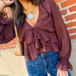 Lace Trim Sheer Chiffon Ruffle V-Neck Blouse In Brown - Infinity Raine
