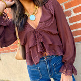Lace Trim Sheer Chiffon Ruffle V-Neck Blouse In Brown - Infinity Raine