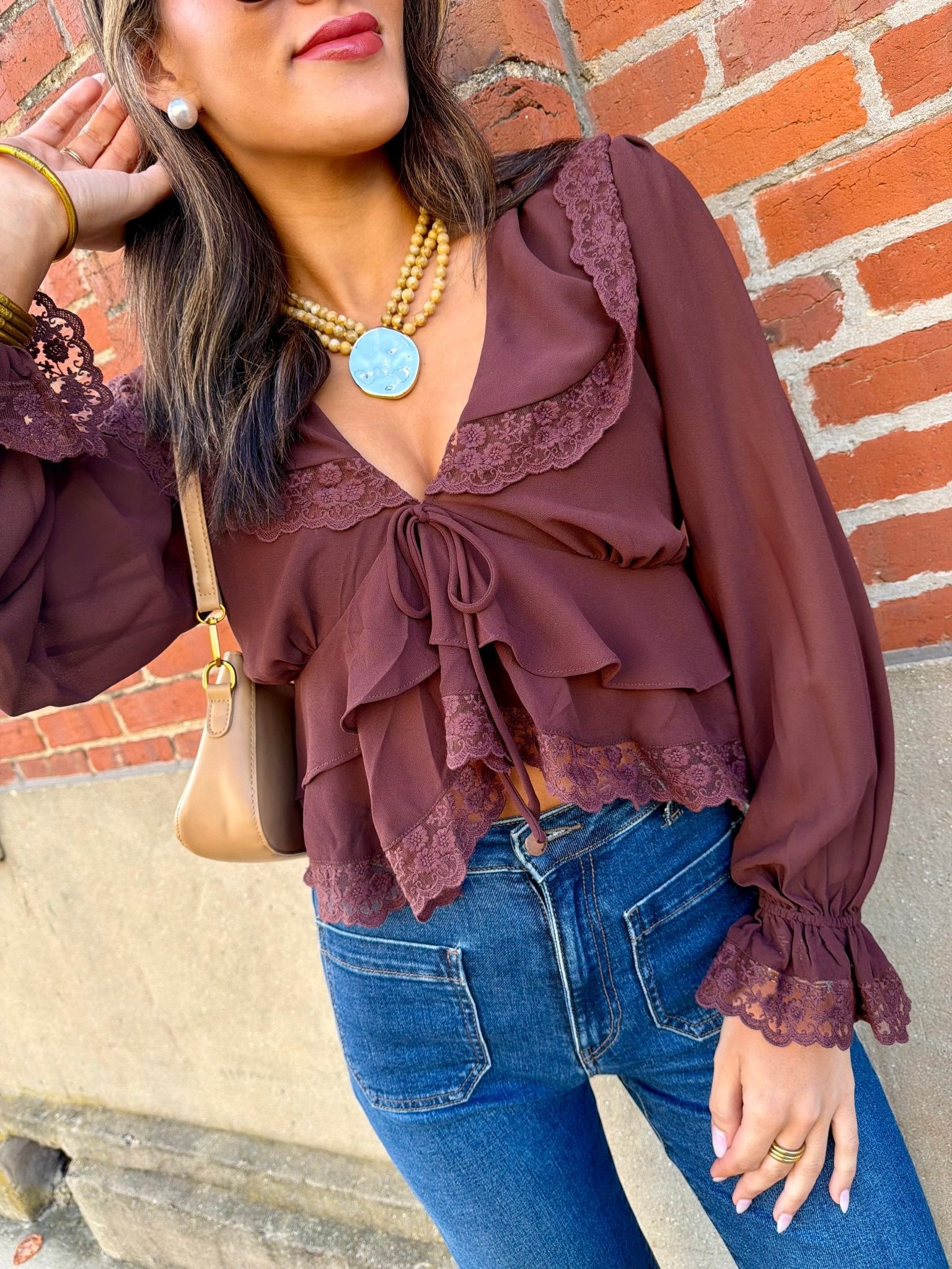 Lace Trim Sheer Chiffon Ruffle V-Neck Blouse In Brown - Infinity Raine