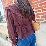 Lace Trim Sheer Chiffon Ruffle V-Neck Blouse In Brown - Infinity Raine