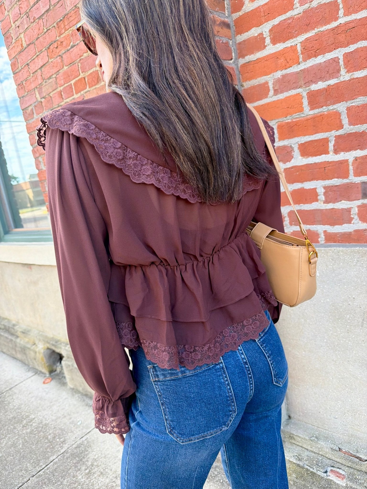 Lace Trim Sheer Chiffon Ruffle V-Neck Blouse In Brown - Infinity Raine