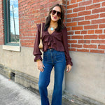 Lace Trim Sheer Chiffon Ruffle V-Neck Blouse In Brown - Infinity Raine