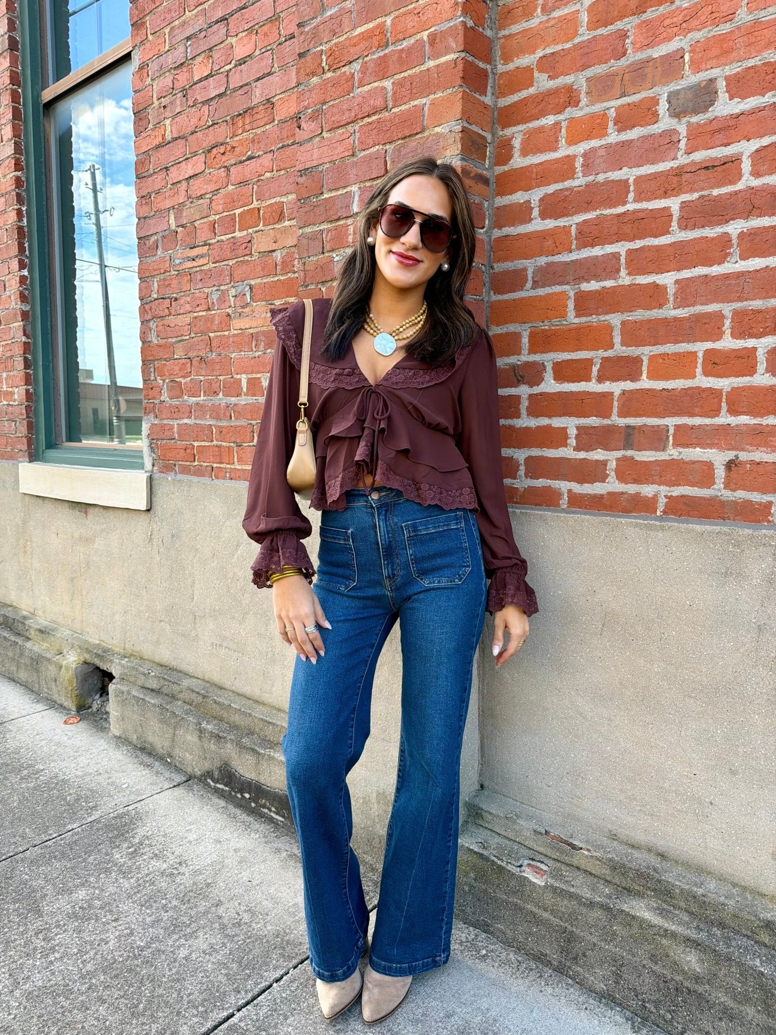 Lace Trim Sheer Chiffon Ruffle V-Neck Blouse In Brown - Infinity Raine