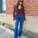 Lace Trim Sheer Chiffon Ruffle V-Neck Blouse In Brown - Infinity Raine