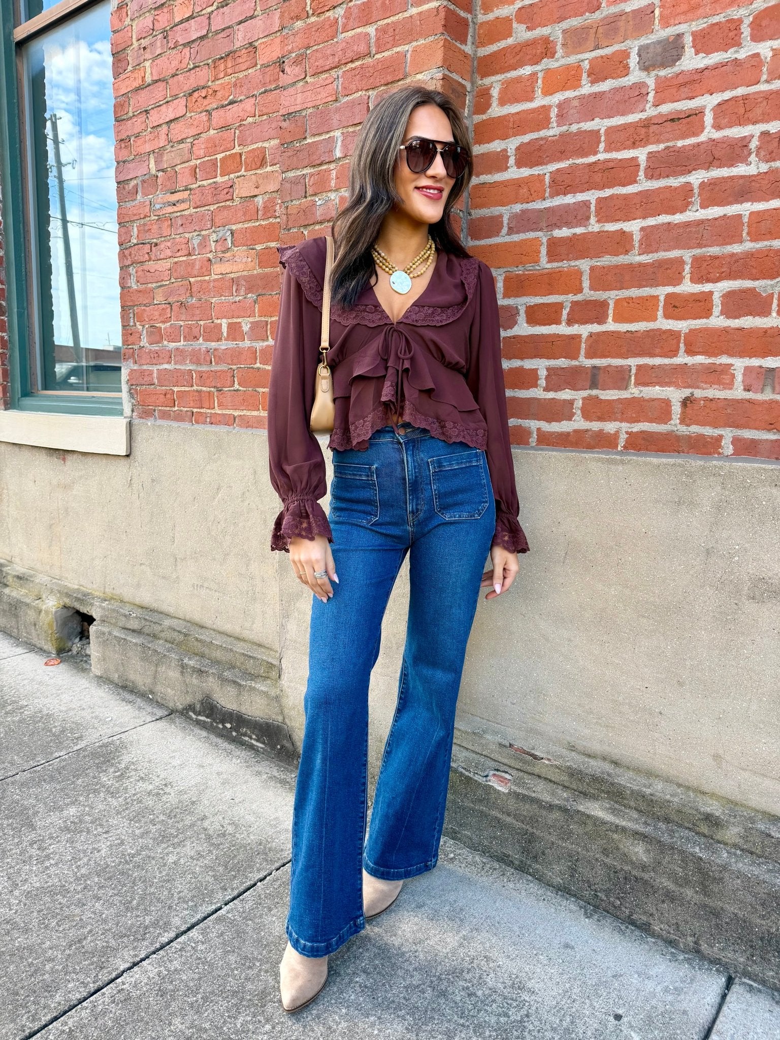 Lace Trim Sheer Chiffon Ruffle V-Neck Blouse In Brown - Infinity Raine