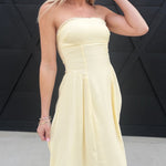 Lace Trim Strapless Gathered Detail Midi Dress In Butter Yellow - Infinity Raine