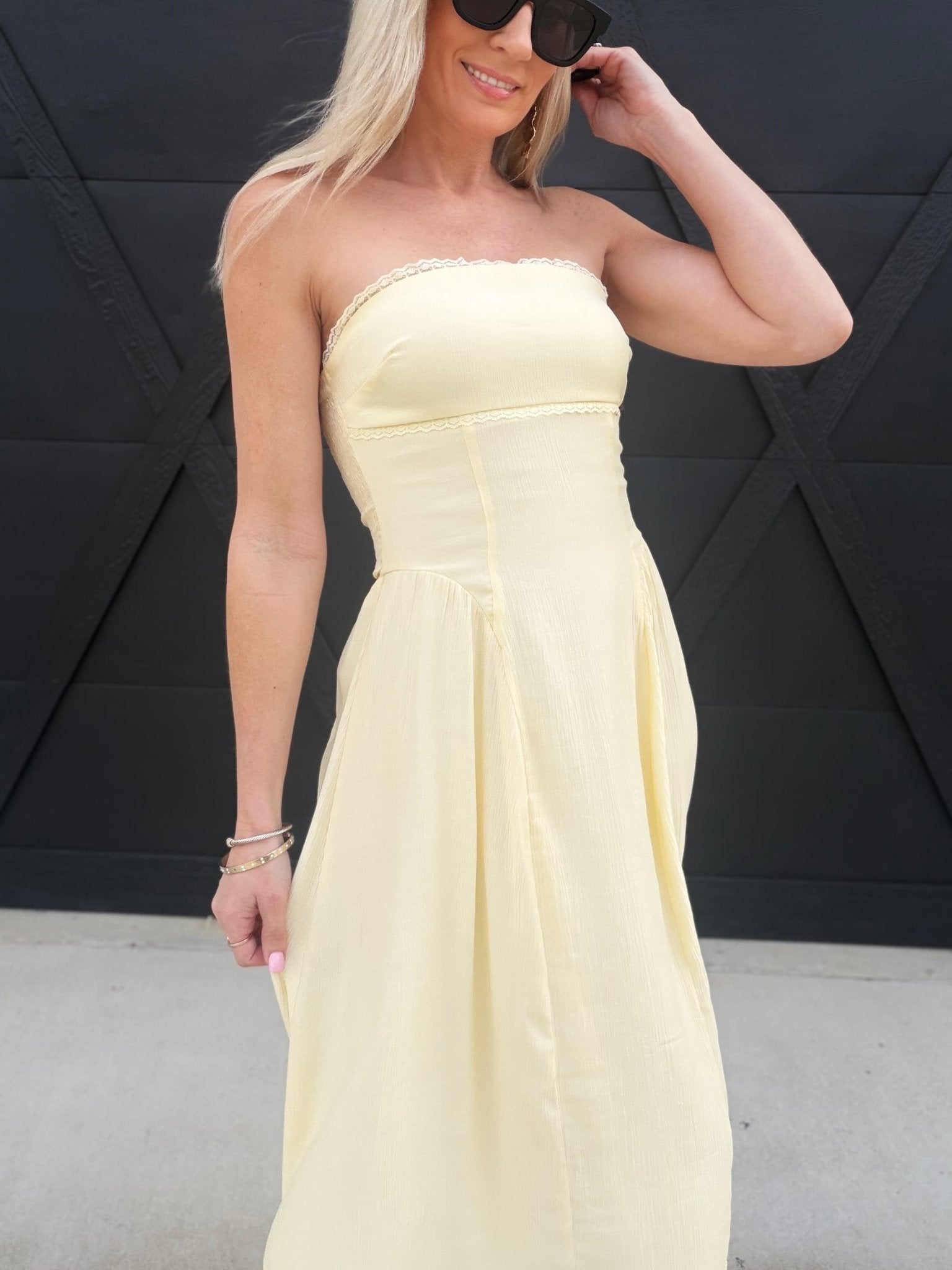 Lace Trim Strapless Gathered Detail Midi Dress In Butter Yellow - Infinity Raine