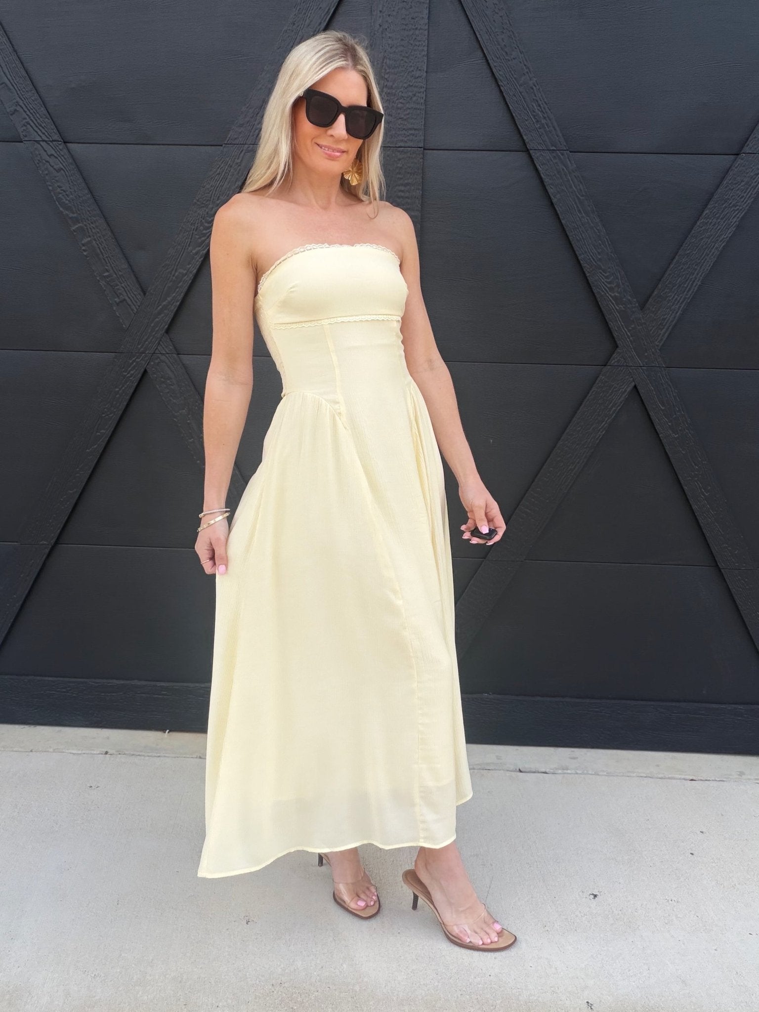 midi gathered dress Lace Trim Strapless Gathered Detail Midi Dress In Butter Yellow