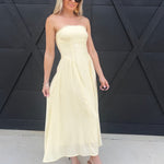 Lace Trim Strapless Gathered Detail Midi Dress In Butter Yellow - Infinity Raine