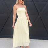Lace Trim Strapless Gathered Detail Midi Dress In Butter Yellow - Infinity Raine
