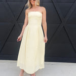 Lace Trim Strapless Gathered Detail Midi Dress In Butter Yellow - Infinity Raine